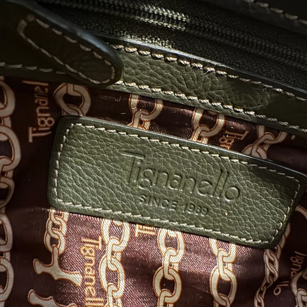 Tignanello Olive Green Pebbled‎ Leather Satchel Buckle Handbag Silver Hardware
